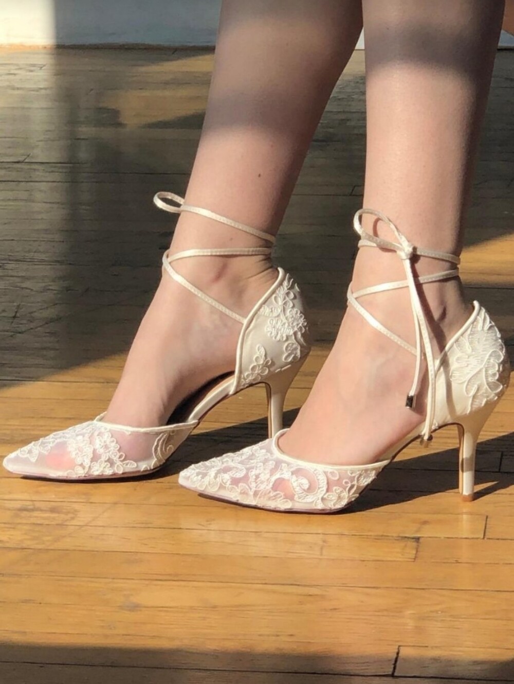 Ivory Lace Bridal Shoes With Tie Ankle Strap